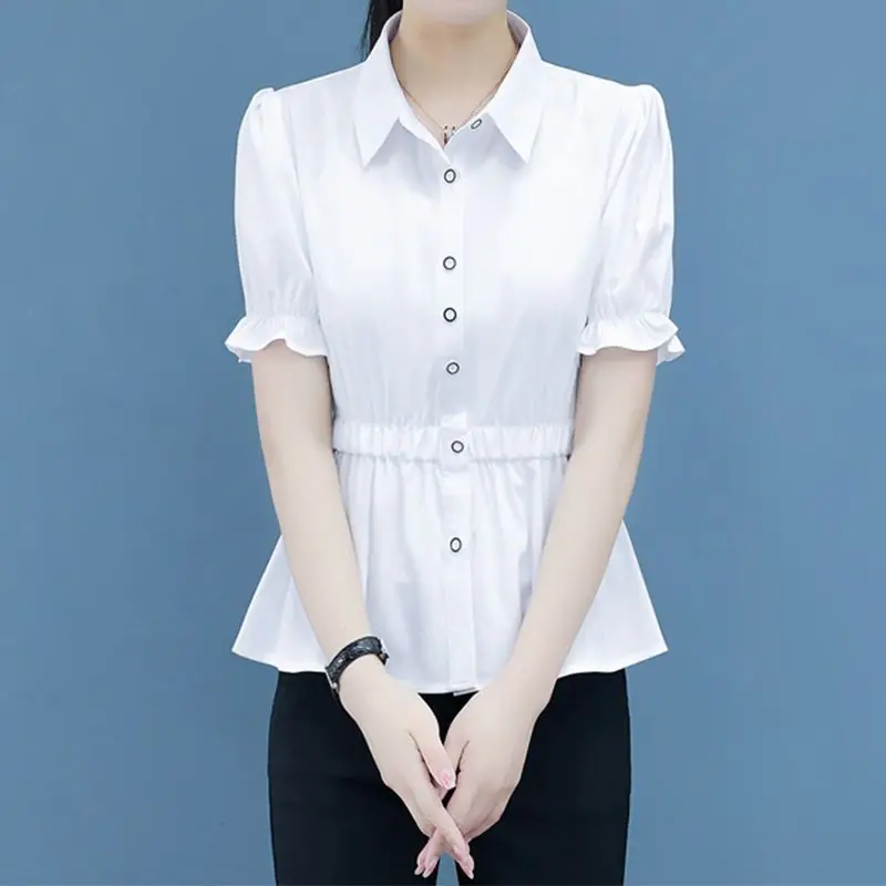 Women Summer Simplicity Slim Hollow Out Solid Color Polo-Neck Short Sleeve Shirts Women Clothes Casual All-match Lace Trend Tops