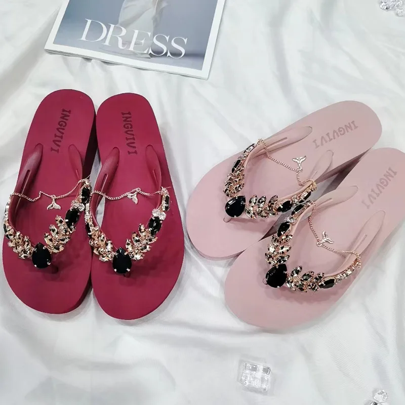 Summer Women Flip Flops Beach Vacation Luxury Slippers Rhinestone Sides Sandals Flat With Soft Casual Shoes For Female