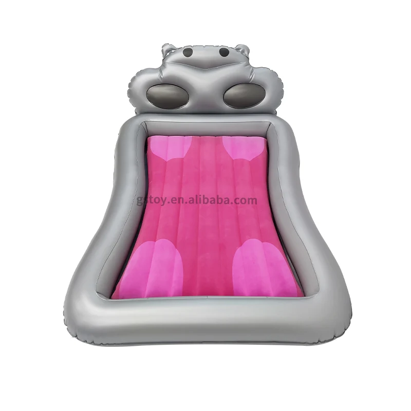 

STLF Travel Hotel Hippo Cartoon Style Children Sleeping air Mat PVC Flocked Blow up Bed Kids Inflatable Mattress