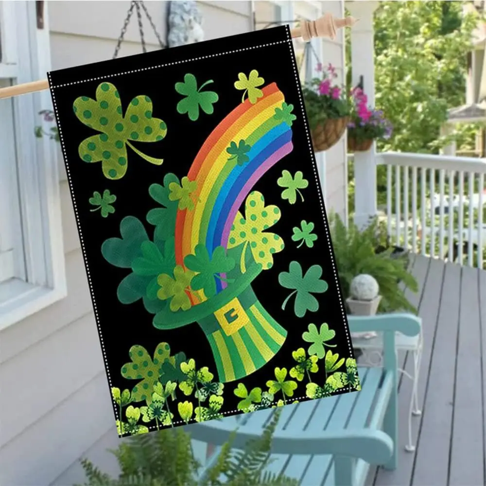 St Patricks Day House Flag 28 x 40 Inch Shamrock Clover Green Hat Rainbow Decorative Double Sided Burlap Flag for Farmhouse  uui