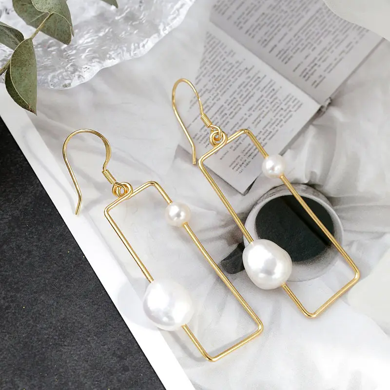 

Handcrafted Inlaid Natural Baroque Pearl 18K Gold Plated Earring Simple lines Geometric Shape 925 Sterling Silver Earring Gift