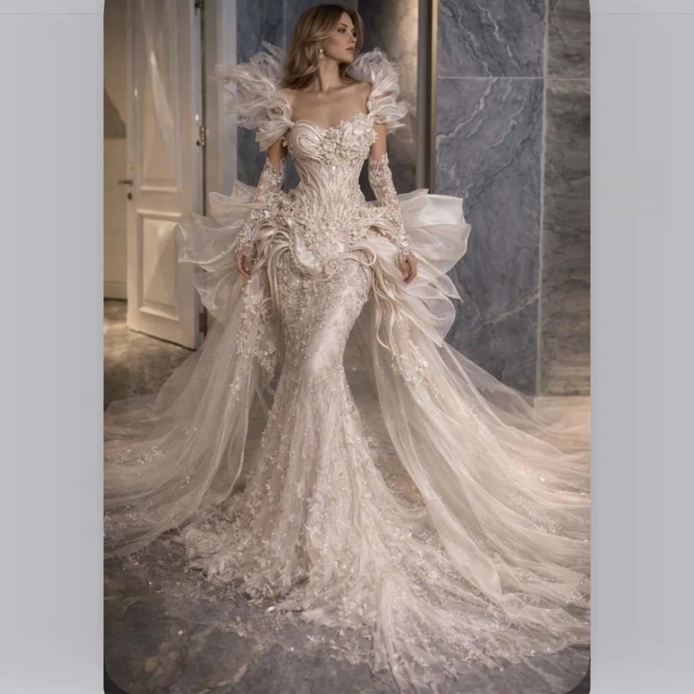 

Customized Exquisite Sweetheart Long Sleeves Evening Dress Mermaid Appliques Beading Bridal Gowns High Quality Bridal Party