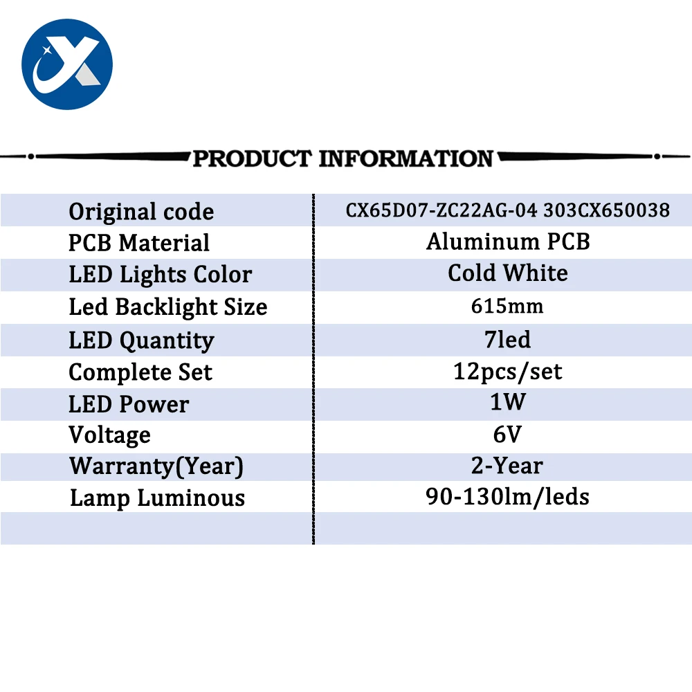 12pcs/set 7led 625mm 6V Backlight Strip TV LED for Skyworth 65inch CX65D07-ZC22AG-04 303CX650038 MS-L2819 V1 CX650M10 65MUA1500