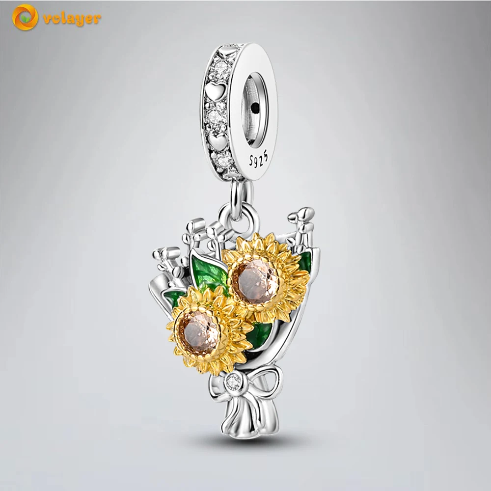 Volayer 925 Sterling Silver Beads Sunflower Bouquet Dangle Charm fit Original Pandora Bracelets for Women DIY Jewelry