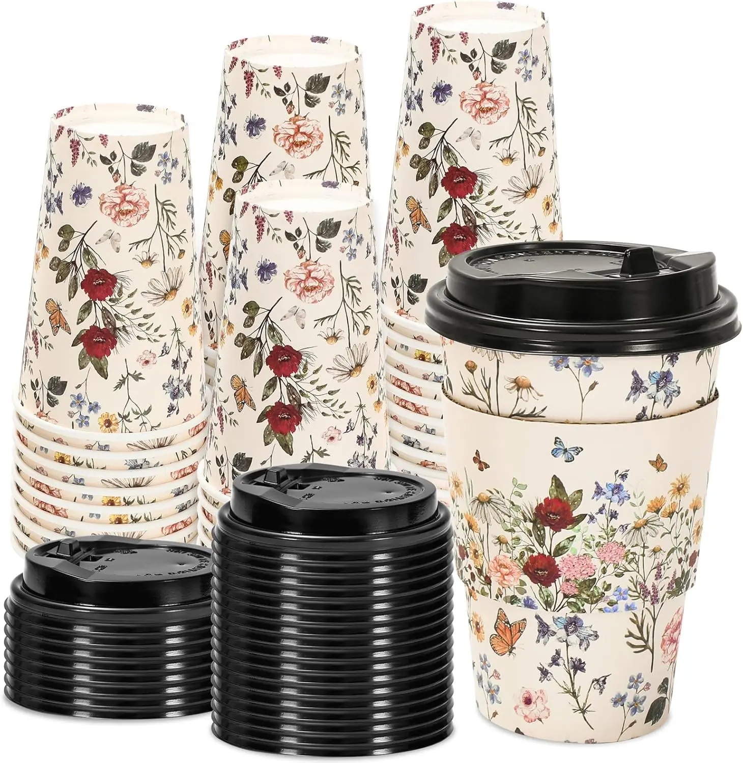 

50 Sets Vintage Floral Coffee Cups with Lids and Sleeves 16oz Coffee Wildflower Paper Cups Disposable To Go Coffee Cups