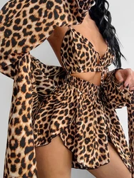 Marthaqiqi Leopard Print Ladies Pajama Set Sexy V-Neck Sleepwear Lace Up Long Sleeve Robe Tank Tops Pyjama Shorts Nightwear Suit