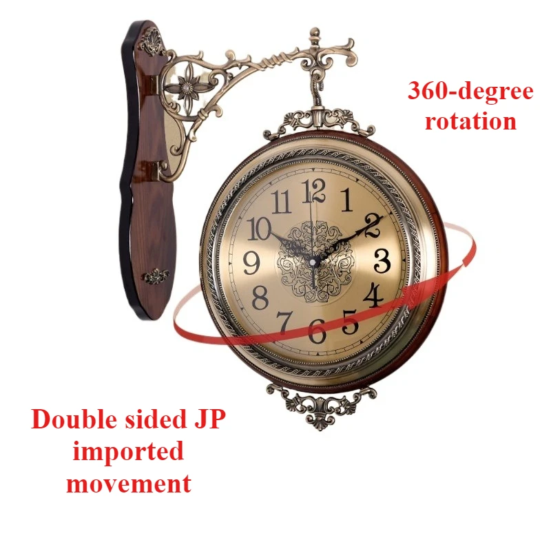 Genuine 20 Inch European Retro Solid Wood Double-sided Wall Clock, American Silent Quartz Clock, Double JP Lisheng Movement