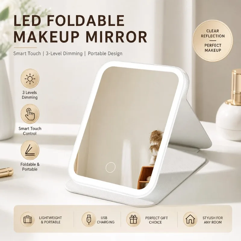 LED Lighted Makeup Mirror Foldable Smart Touch Screen Vanity Mirror HD Portable USB Rechargeable Desktop Table Cosmetic Mirror