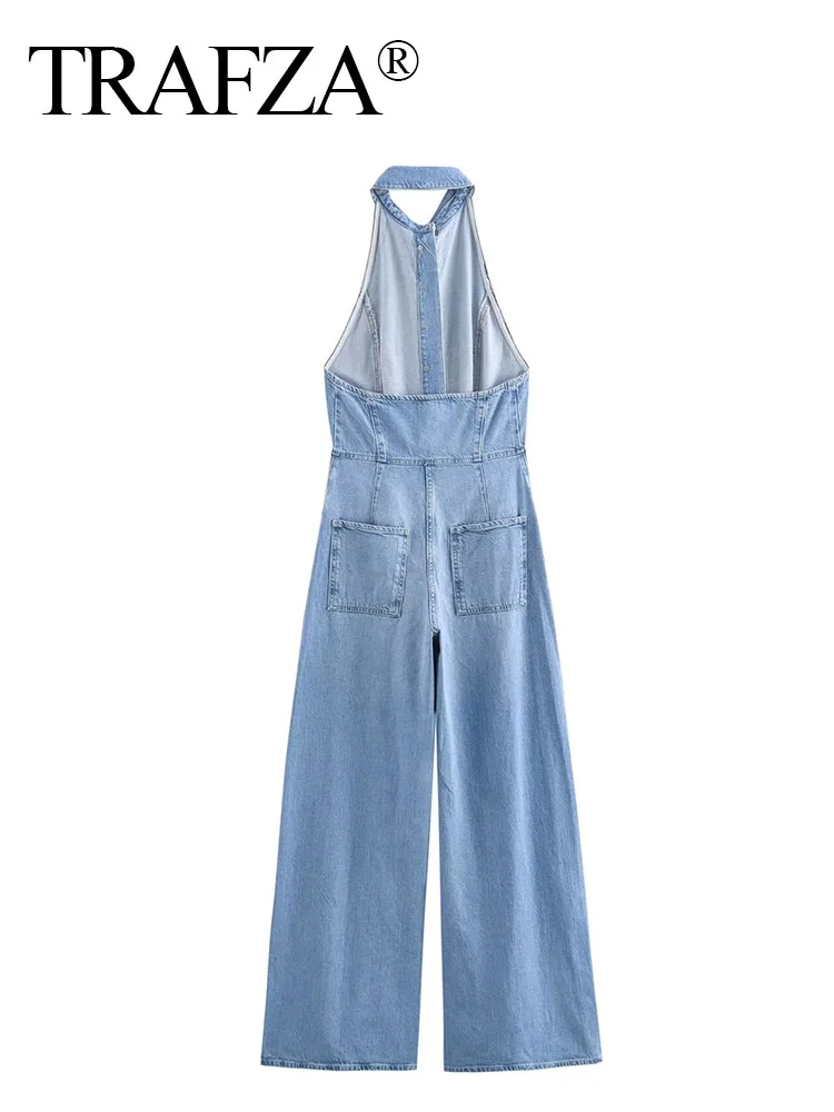 TRAFZA 2024 Female High Street Jumpsuits Denim Blue Sleeveless Backless Pockets Single Breasted Summer Jumpsuit Women Trendy