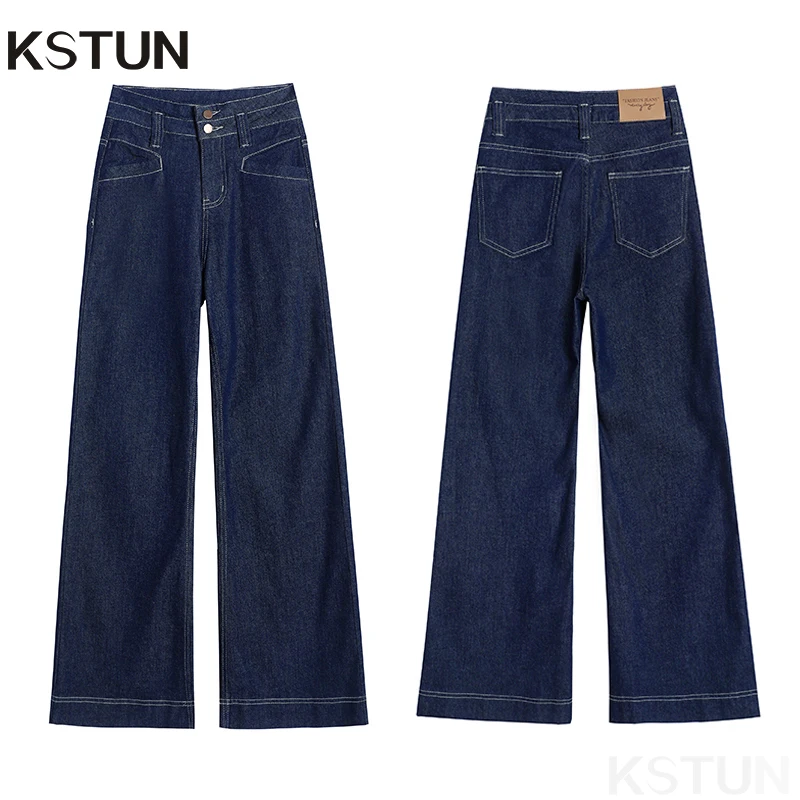 KSTUN 2026 Original Denim Blue High Waisted Women's Wide-leg Jeans Stretch Bootcut Jeans Patched Vintage Double-breasted Design