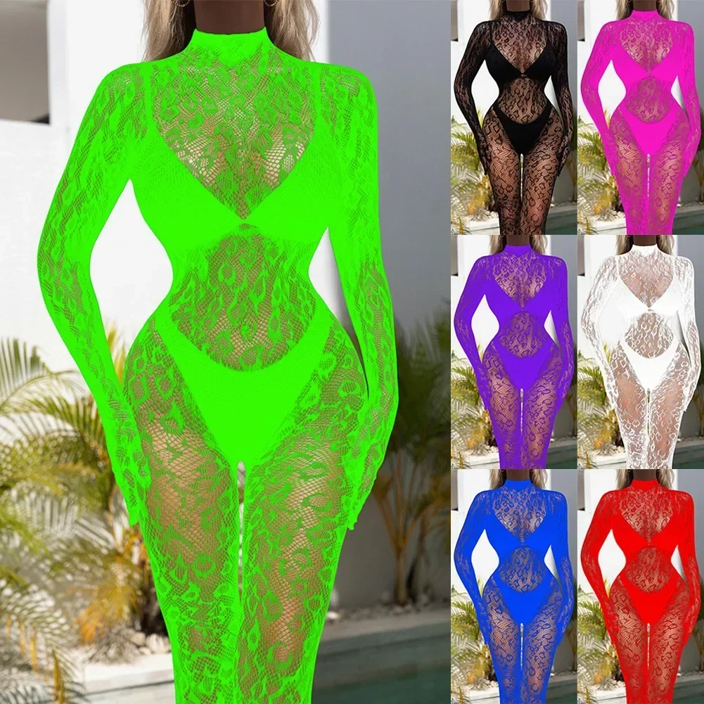 Lingerie Vrouwen Lichaam Transparant Bodysuit Kous Effen Kleur Visnet Mesh Lange Mouw Coltrui Jumpsuit Panty Bodysuits