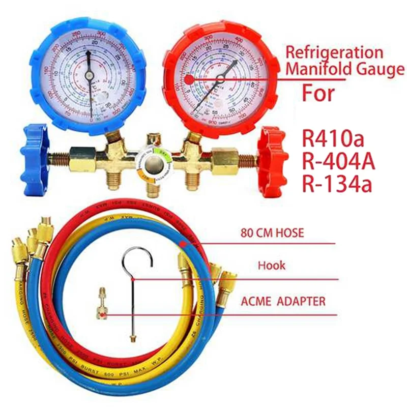 프레온 충전용 AC 진단 매니폴드 게이지 세트, R-404A R-134A 냉동 매니폴드 게이지 공기, R410A, 3 웨이
