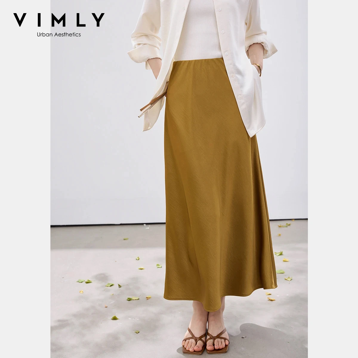 

VIMLY Satin A Line Skirt Women 2026 Spring New Minimalist Elegant Mustard Green Flowy High Waist Casual Daily Midi Skirt A5381
