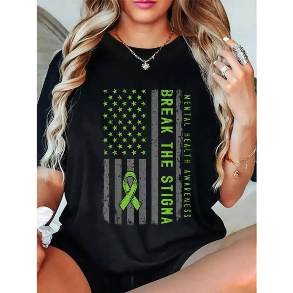 

Break The Stigma T-shirt Mental Health Awareness Tee for Men Women Unisex with Green Ribbon American Flag Graphic