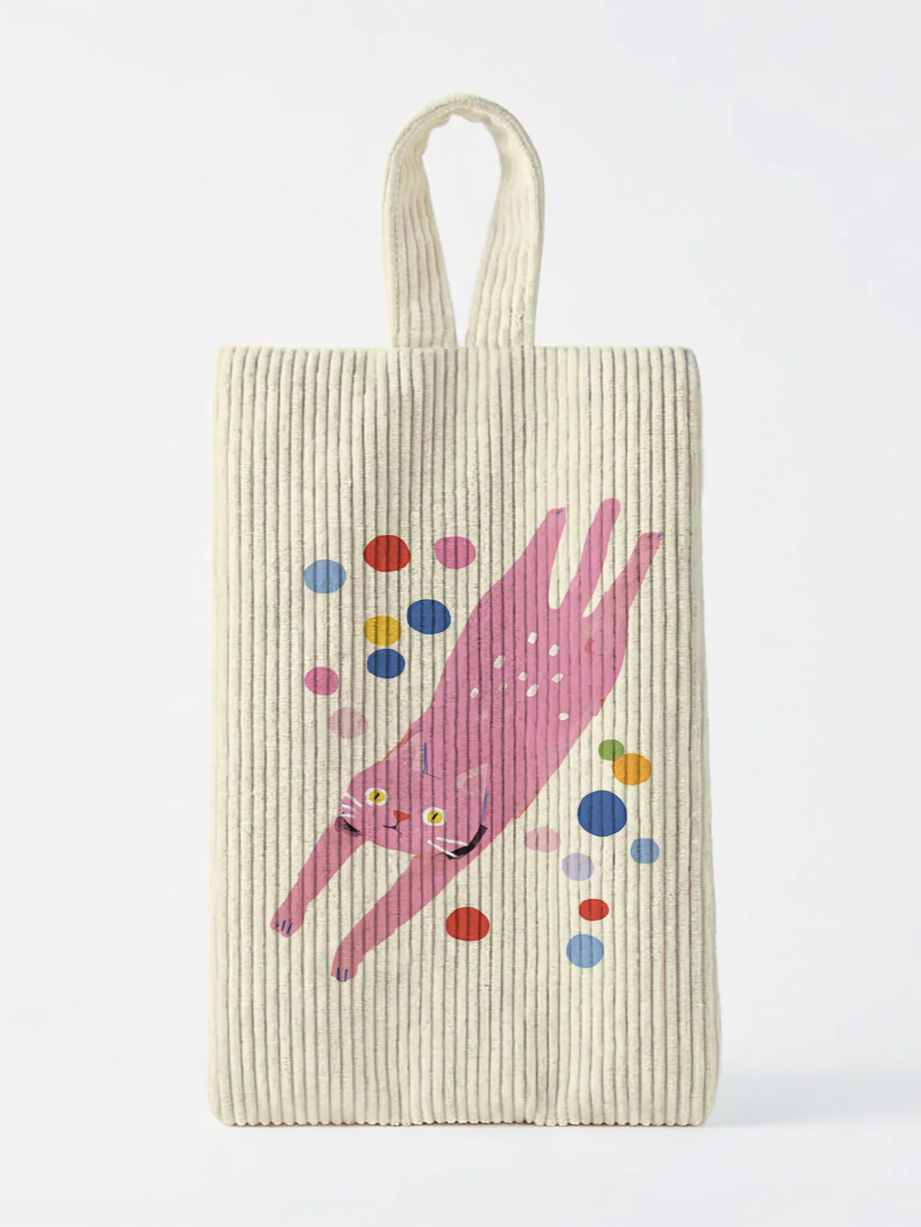 Cartoon Pink Cat Print Corduroy Vertical Storage Bag, Handheld Fabric Organizer for Underwear and Socks