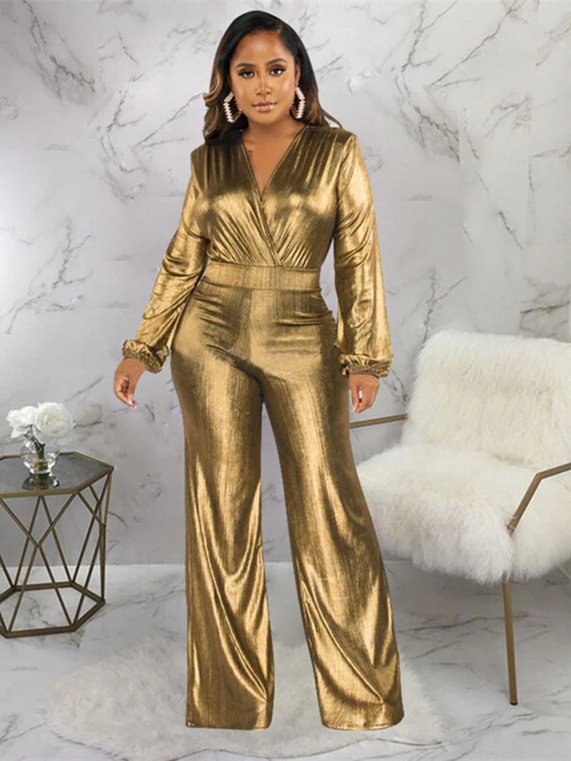 

Streetwear Gold-embossed Jumpsuits Autumn Clothes Women Long Sleeve V-Neck Wrap Rompers Playsuits One Pieces Set Overalls Outfit
