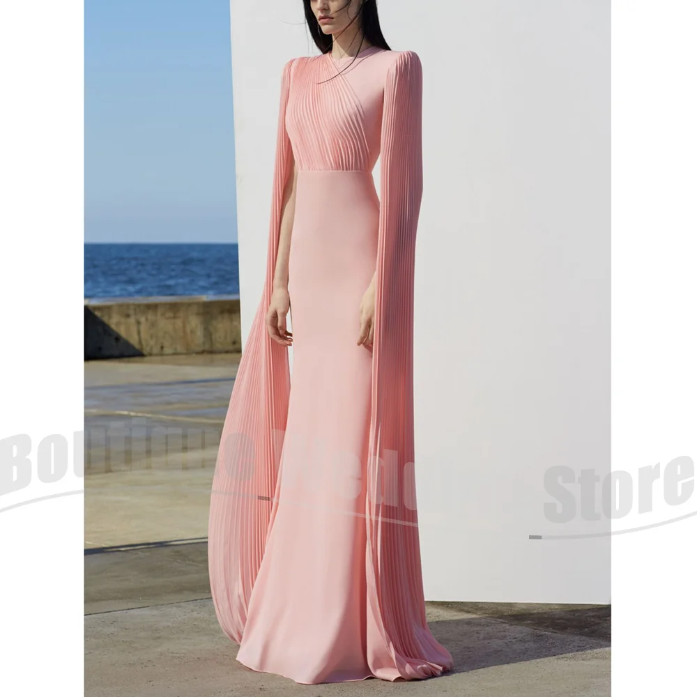 

Вечерние платья с рукавами-накидкой и круглым вырезом, вечерние платья, элегантные модные драпированные плиссированные платья длиной до пола, женские платья для выпускного вечера по индивидуальному заказу