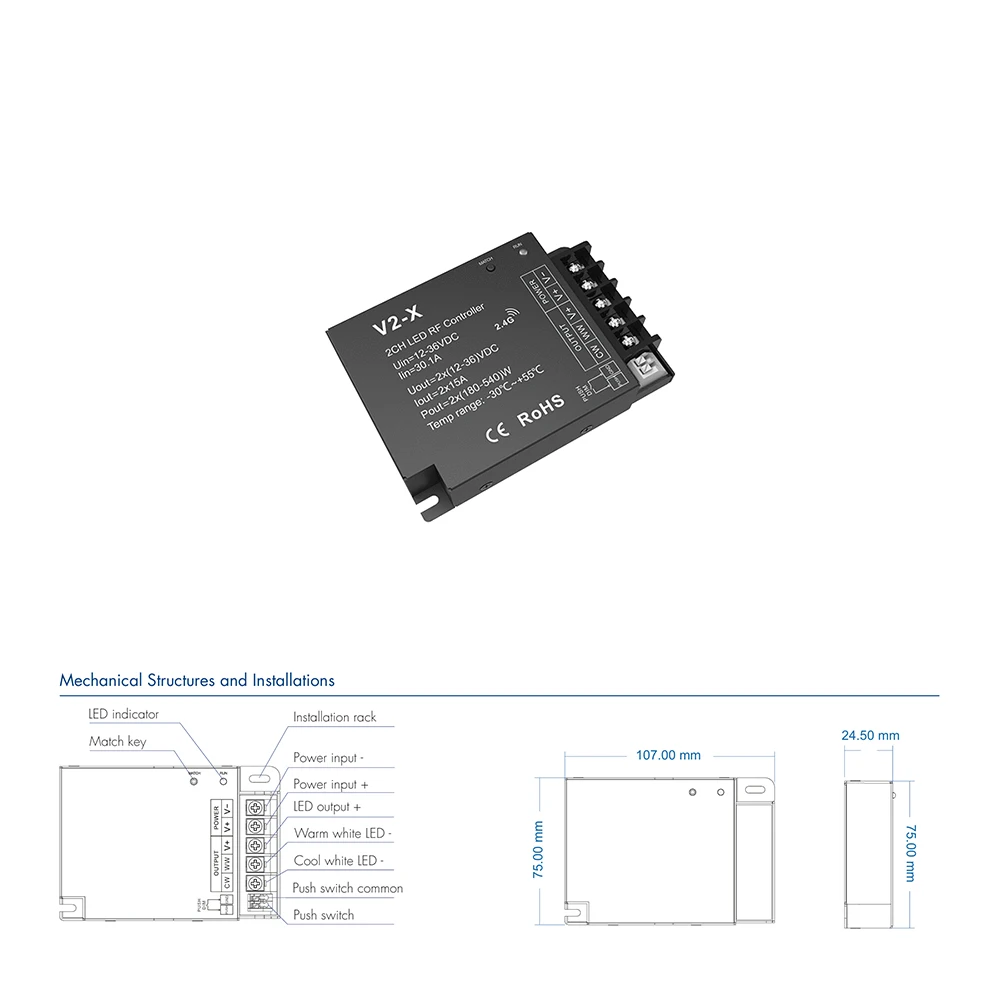 

Skydance V2-X DC12-36V 2,4 ГГцRF + Push Dim PWM 0-100% CCT двухцветный светодиодный контроллер затемнения для светодиодной ленты с цветовой температурой