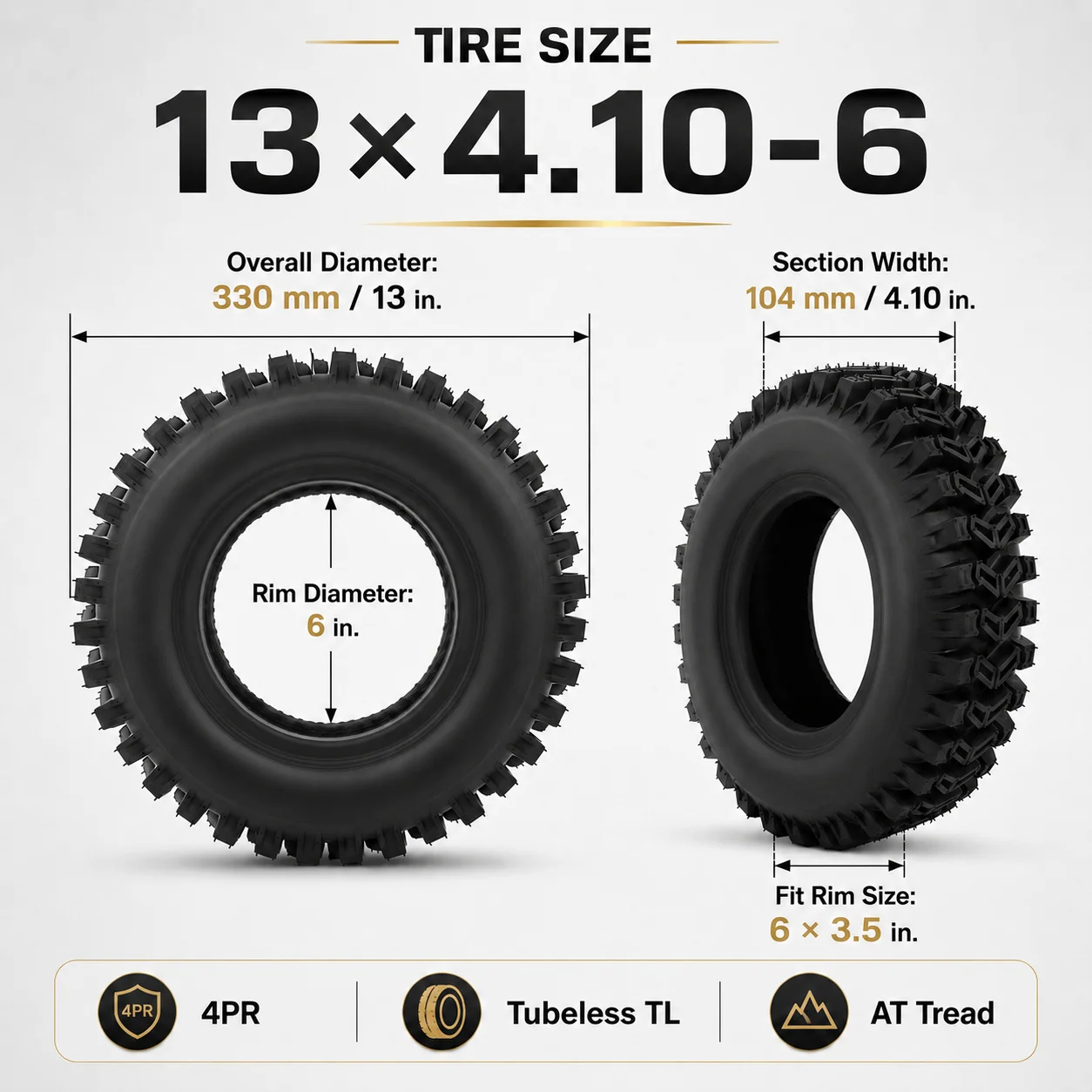 

13x4.10-6 ATV Tires Tubeless Set of 2 4PR Heavy Duty Off Road Tire Deep Lug Pattern Snow Thrower Tire for Lawn Mower Garden Tractor Go Kart Mini Bike Agricultural UTV Golf Cart 352lbs Max Load Puncture Resistant Nylon Cord Universal Fit