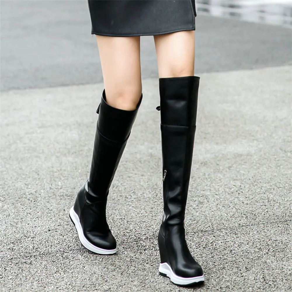 Winter Platform Pumps Shoes Women Genuine Leather Wedges High Heel Motorcycle Boots Female Round Toe Thigh High Fashion Sneakers