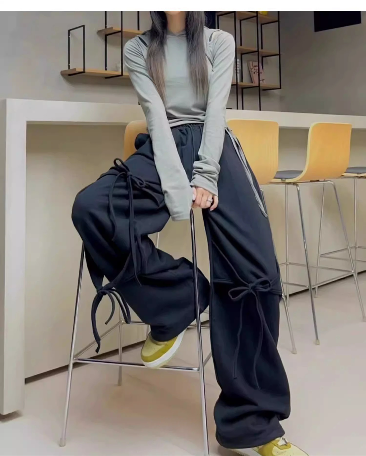 Fashion High Street Personalized Lace-up Loose Straight Leisure Pants Sweet Girls Solid Color Age-reducing Korean Dance Trousers