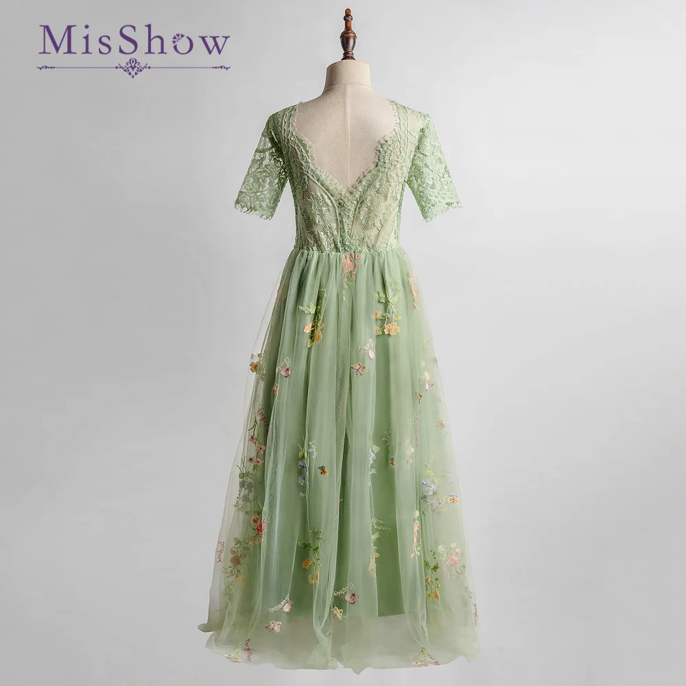 MisShow-vestido de tul con bordado Floral para niña, traje de encaje verde salvia para fiesta de boda, verano, 3 a 9 años