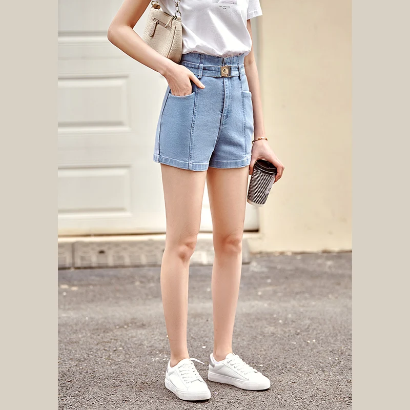 

OLrain Women's Denim Shorts 2025 Summer Belt Waist Elastic Loose Fashion Wide-leg Straight Short Pants Ladies Clothes O21CA38585