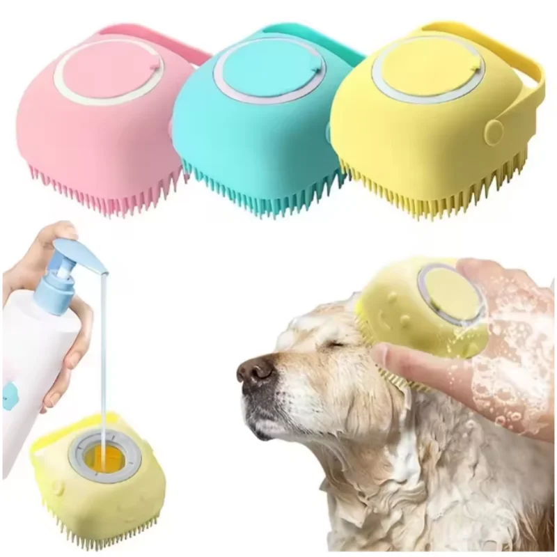 Silicone Pet Bath Brush with Shampoo Dispenser, Soft Bristles Dog Cat Massage Grooming Brush for Bathing & Deshedding