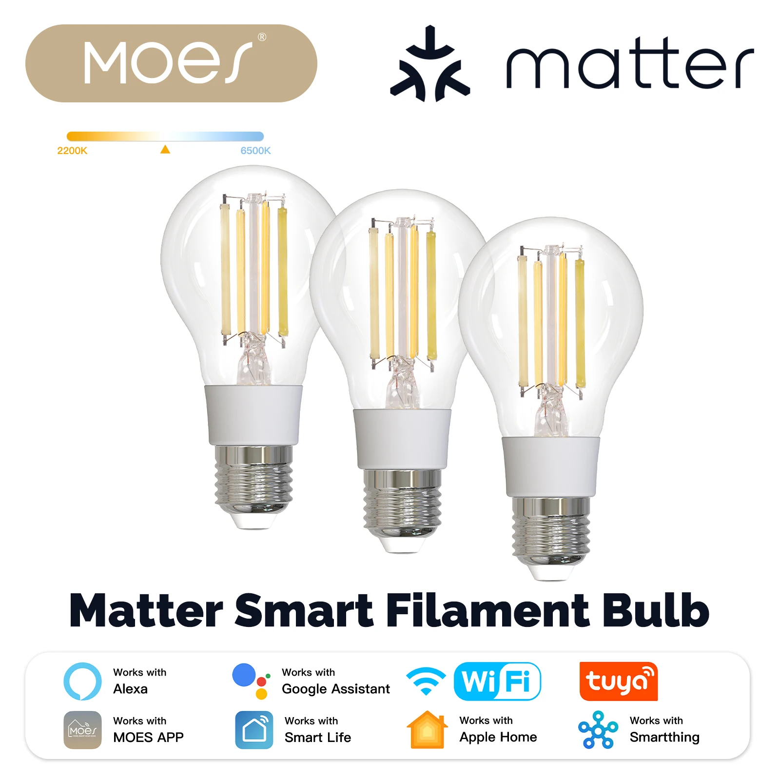 MOES TUYA Matter WiFi Smart Glühlampe LED-Lichtlampe E27 dimmbar 2700K-6500K 806Lm 7W Alexa Google Home Sprachsteuerung