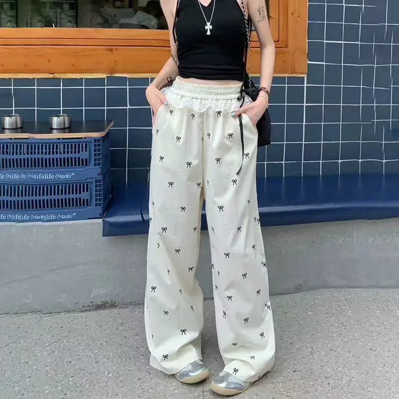 Lace Lace Patchwork Bow Casual Pants for Women in Spring and Summer, New Thin and Loose Straight Leg Wide Leg Pants