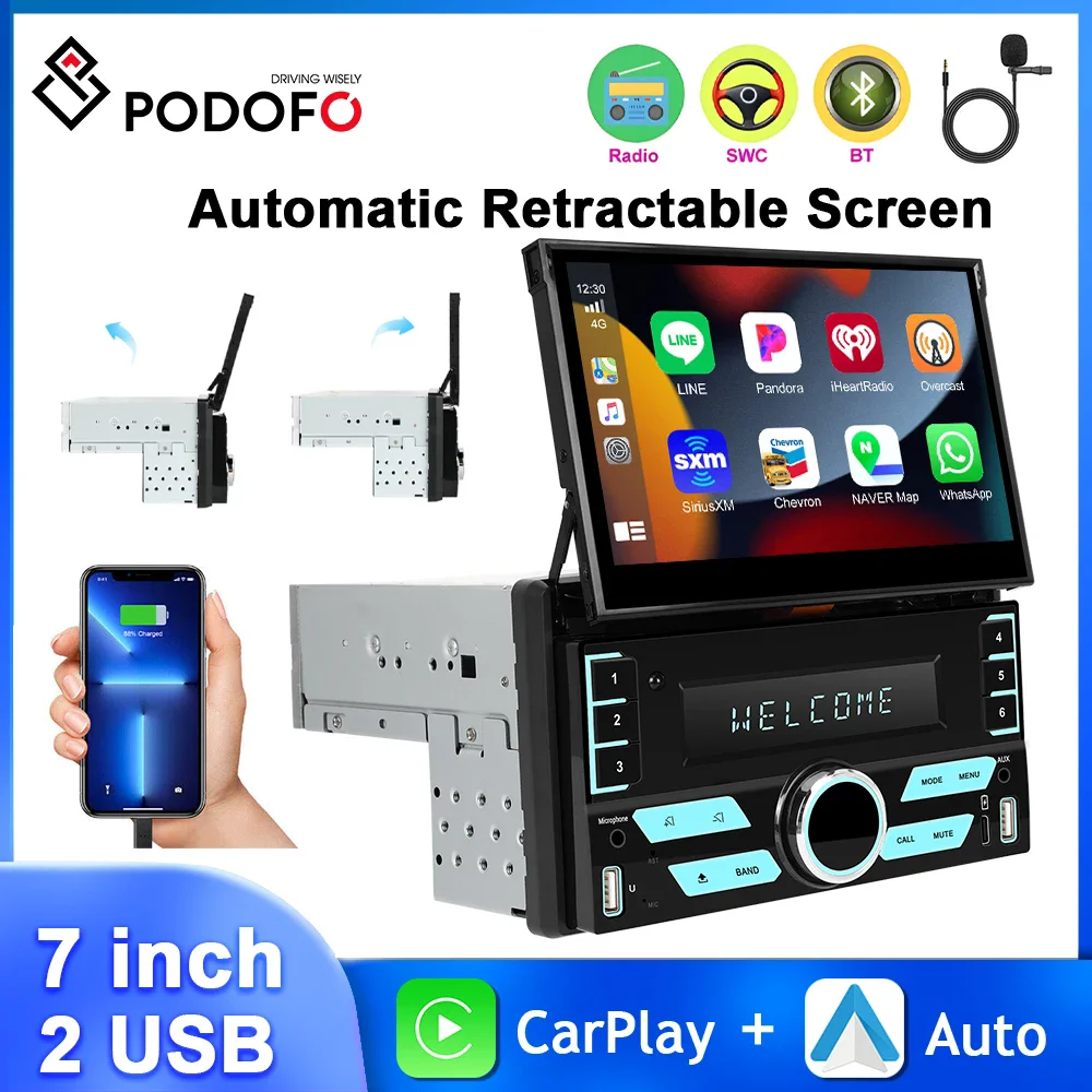 Podofo Retractable Touch Screen MP5 Player 2Din 7'' Car Radio Multimedia Player CarPlay Android Auto Mirror Link BT Car Audio