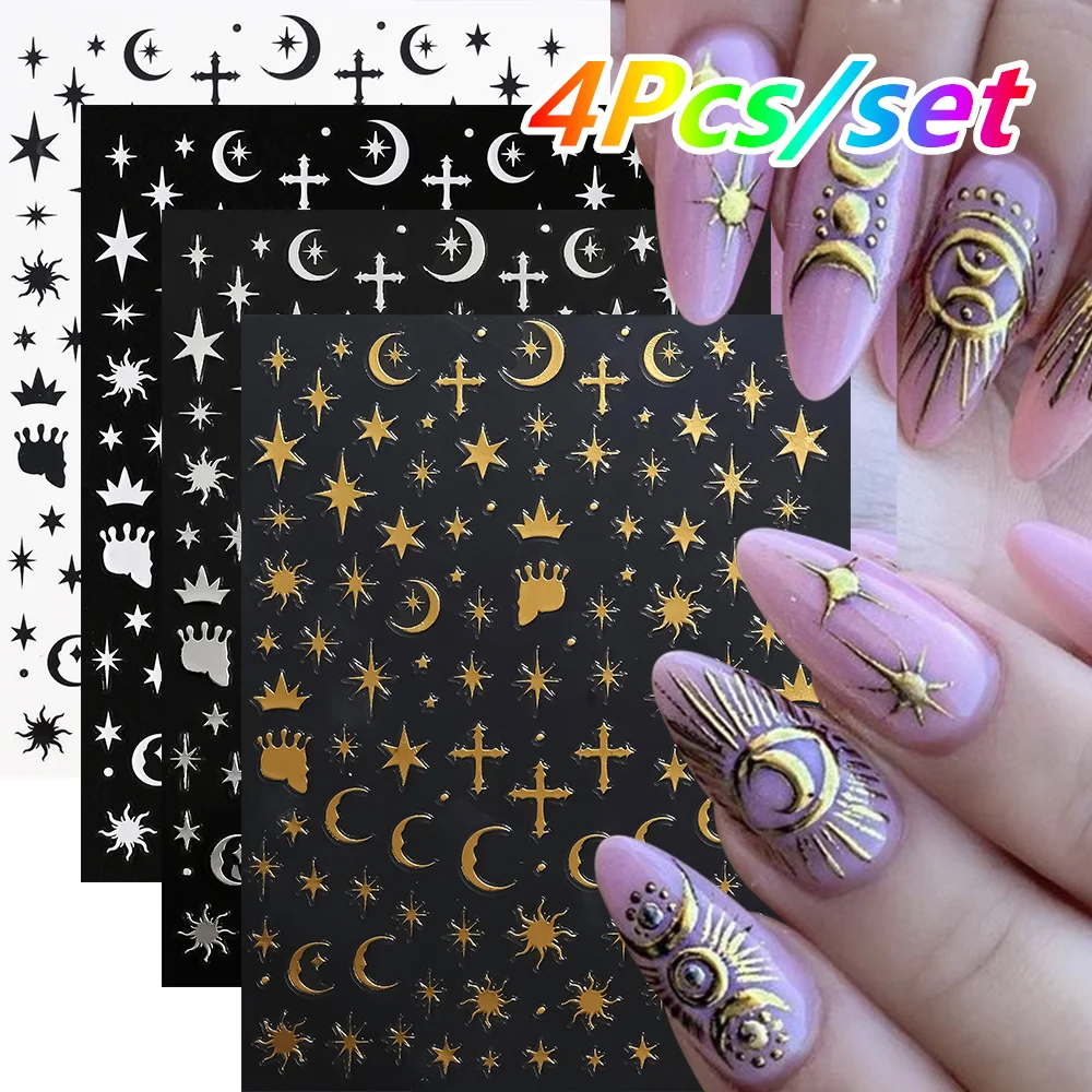 4 Blatt/Set Römischer Buchstabe Nagelaufkleber 3D Laser Gold/Silber/Schwarz/Weiß Buchstaben Nagelaufkleber DIY Altes Alphabet Maniküre Slider NK*4