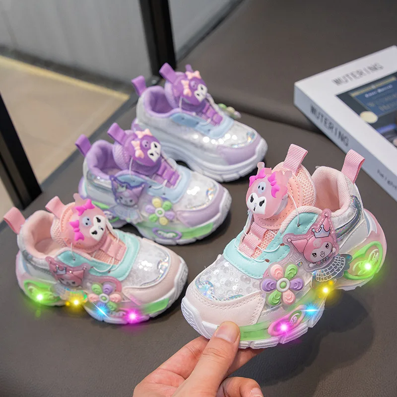 

2026 Kuromi Girls Sneakers, Sequin Mesh Rotating Button Shoes, Breathable Light Up Casual Dad Shoes for Kids