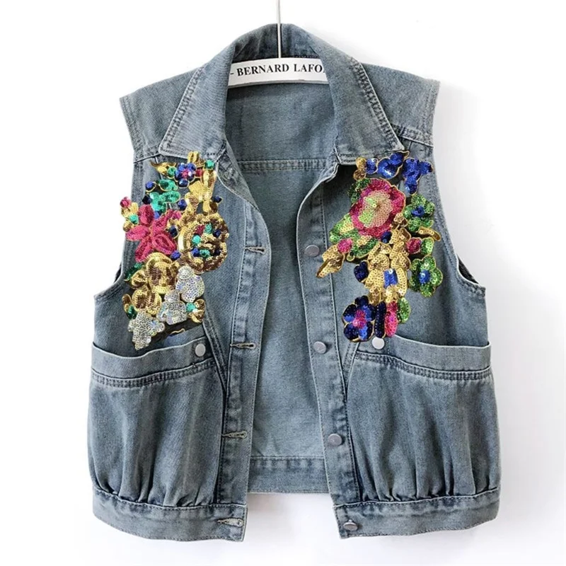 

Denim Vest Women's Waistcoat Fashion Diamond Inlaid Cowboy Sleeveless Jacket Spring Autumn Big Pocket Casual Coat Top Female