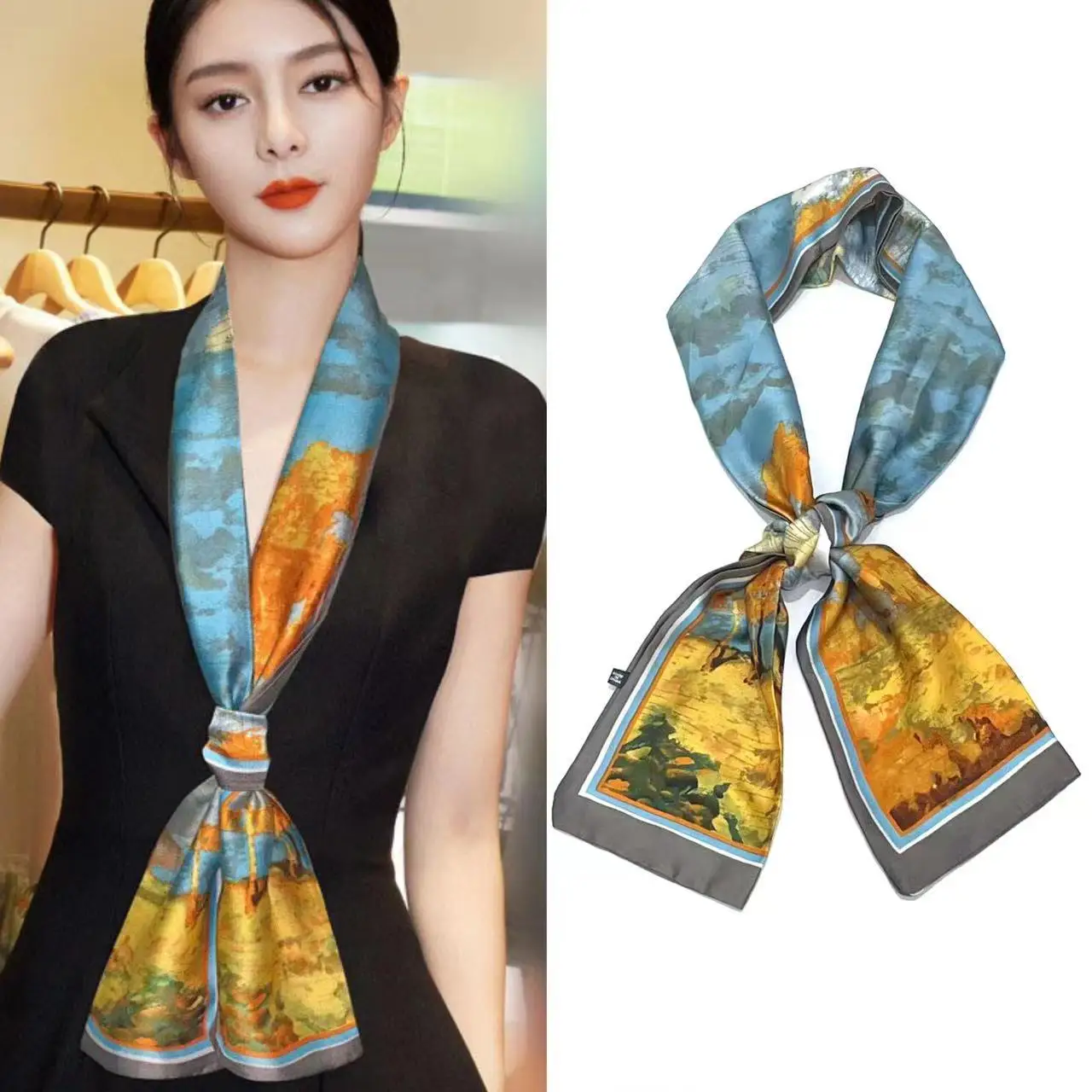 New Narrow Women Silk Scarves Puffer Ribbon Hair Accessories Tie Bags 145x13cm Neck Scarf Printed Simulation Long Silk Scarf