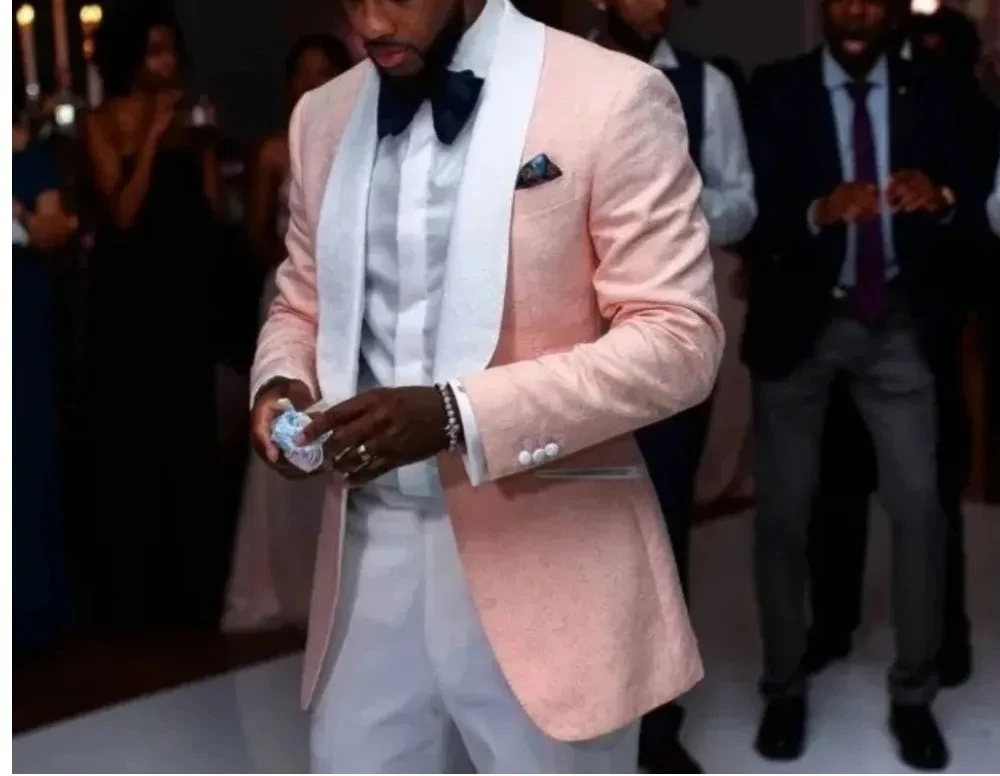 Pink Jacquard Wedding Men Suit White Shawl Lapel One Button Groom Blazer Tuxedos Costume Homme Marriage Tailor 2 Pcs Jacket+Pant
