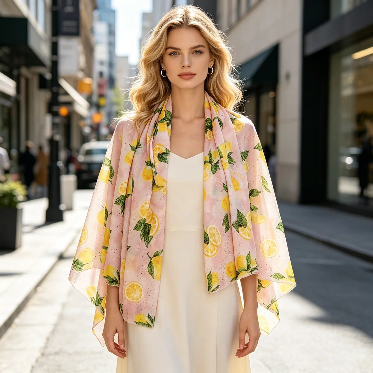 Women's Pink Lemon Fruit Printed Scarf, Lightweight Long Shawl with Glitter Dots, 180x88cm Fashion Neck Wrap for Daily Casual Ou