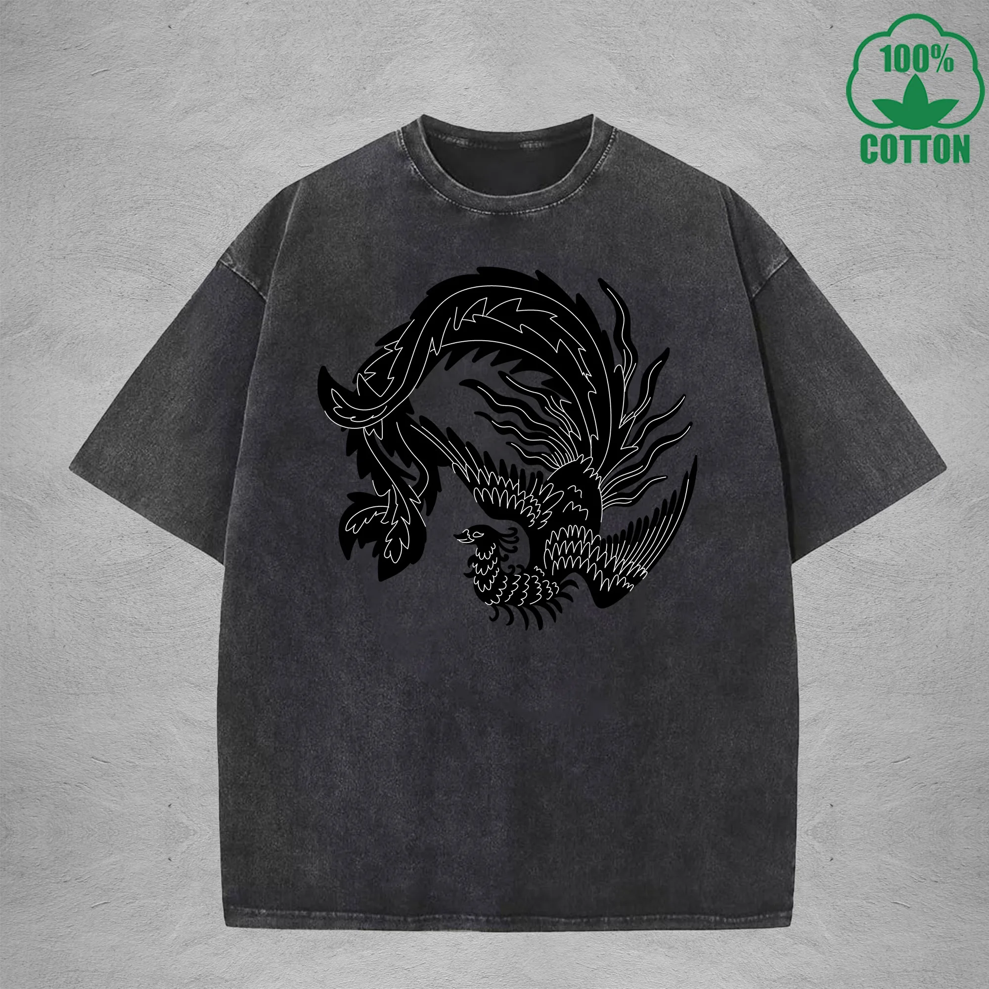 Phoenix Interest Printed Washed T-Shirt 230G Multicolor Loose Trendy Fashionable Cotton Short Sleeve Top