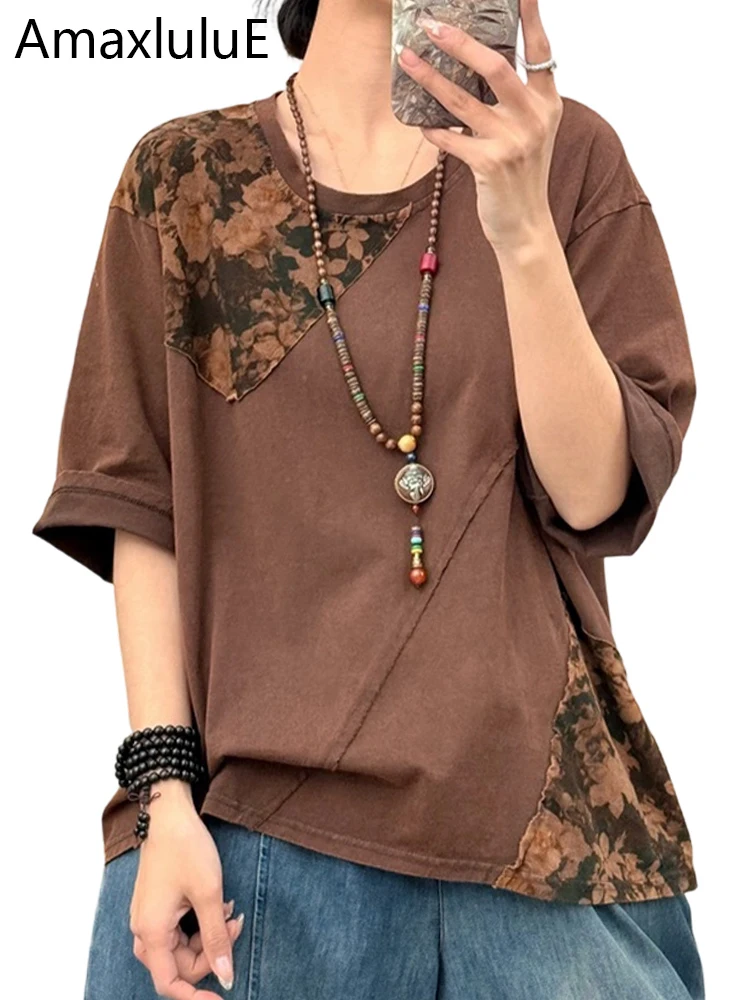 

Amax LuluE Spring Fashion Leisure Patchwork Tops Womens Korean Classic Vintage Floral T-shirts Ladies 2026 Loose O Neck Clothes