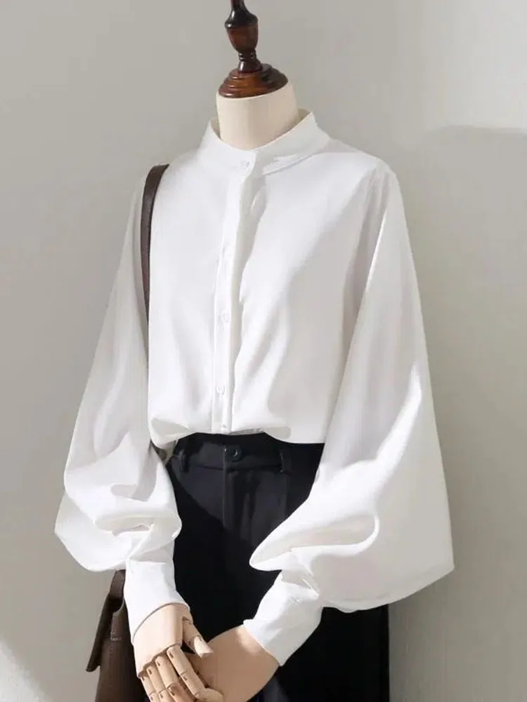 

Elegant Women Chiffon Shirts Loose Lantern Sleeve Korean Office Ladies Shirts Button Up Fashion Stand Collar Tops