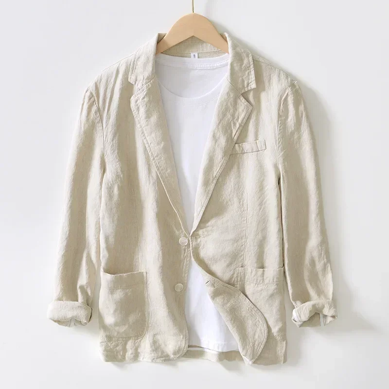 100% Linen Suits for Men Spring Summer Commute Casual Men Blazers Breathable Coat Slim Fit Suit Jacket Man Korean Style Clothes