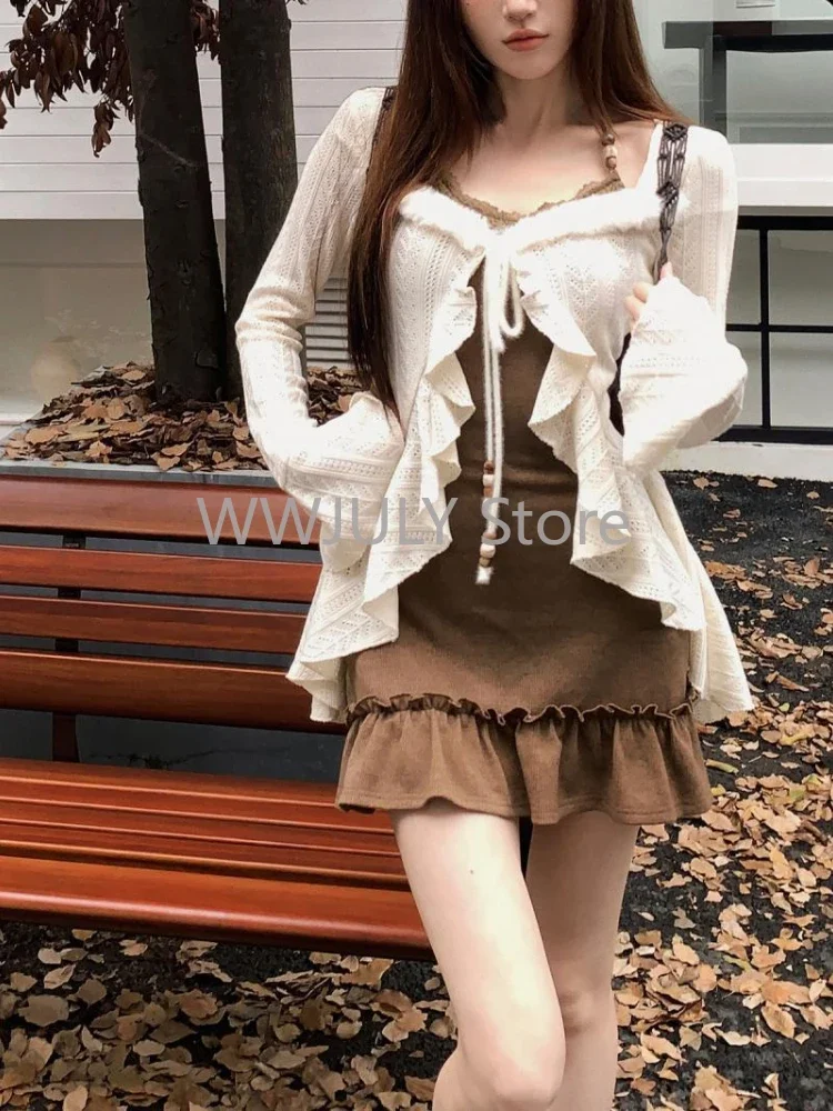 American Style Vintage 2 Piece Set Spicy Girl Sexy Sleeveless Mini Dress + Knitted Ruffle Y2k Cardigan Korean Fashion Suit Woman