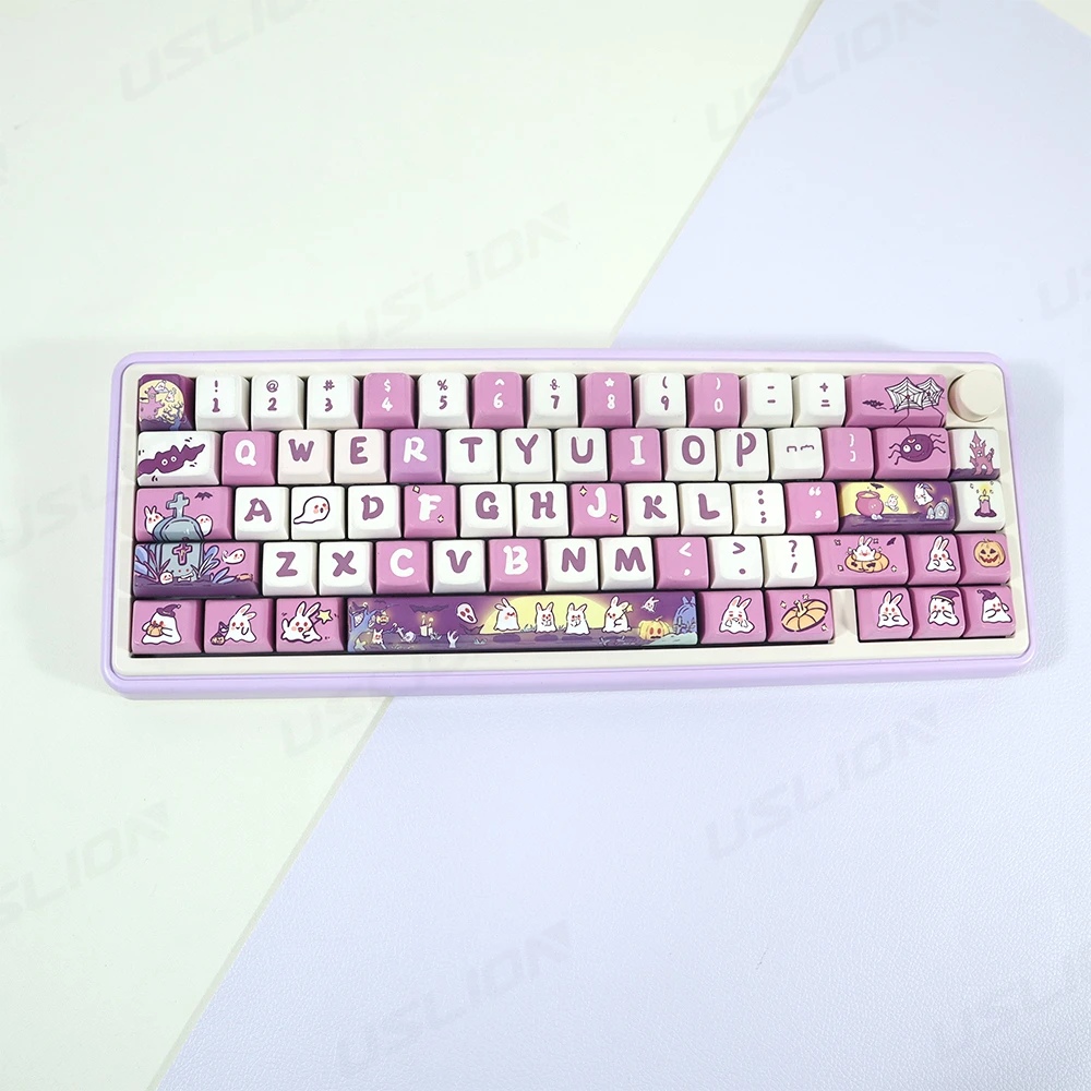 Imagem -02 - Caps de Teclado Tema de Halloween Coelho Assustador Anime Keycaps Perfil Mda Cereja Pbt Key Caps Roxo Terror Bonito 61 Teclas 151 Teclas