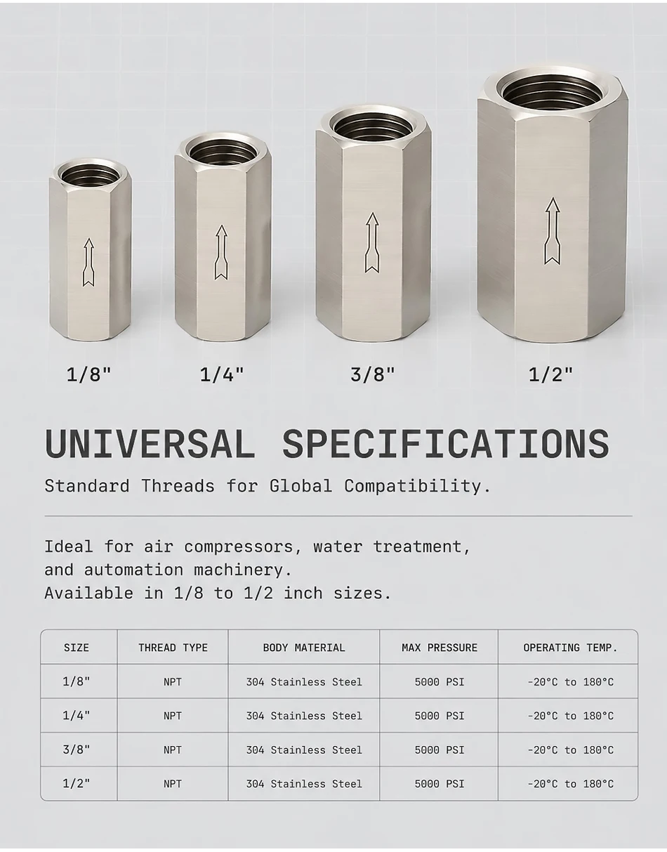1PCS Stainless Steel Female Thread Pneumatic One-way Check Valve CV 1/8" 1/4" 3/8" 1/2" Inline Non Return for Air Water Fluid T&I Online Store
