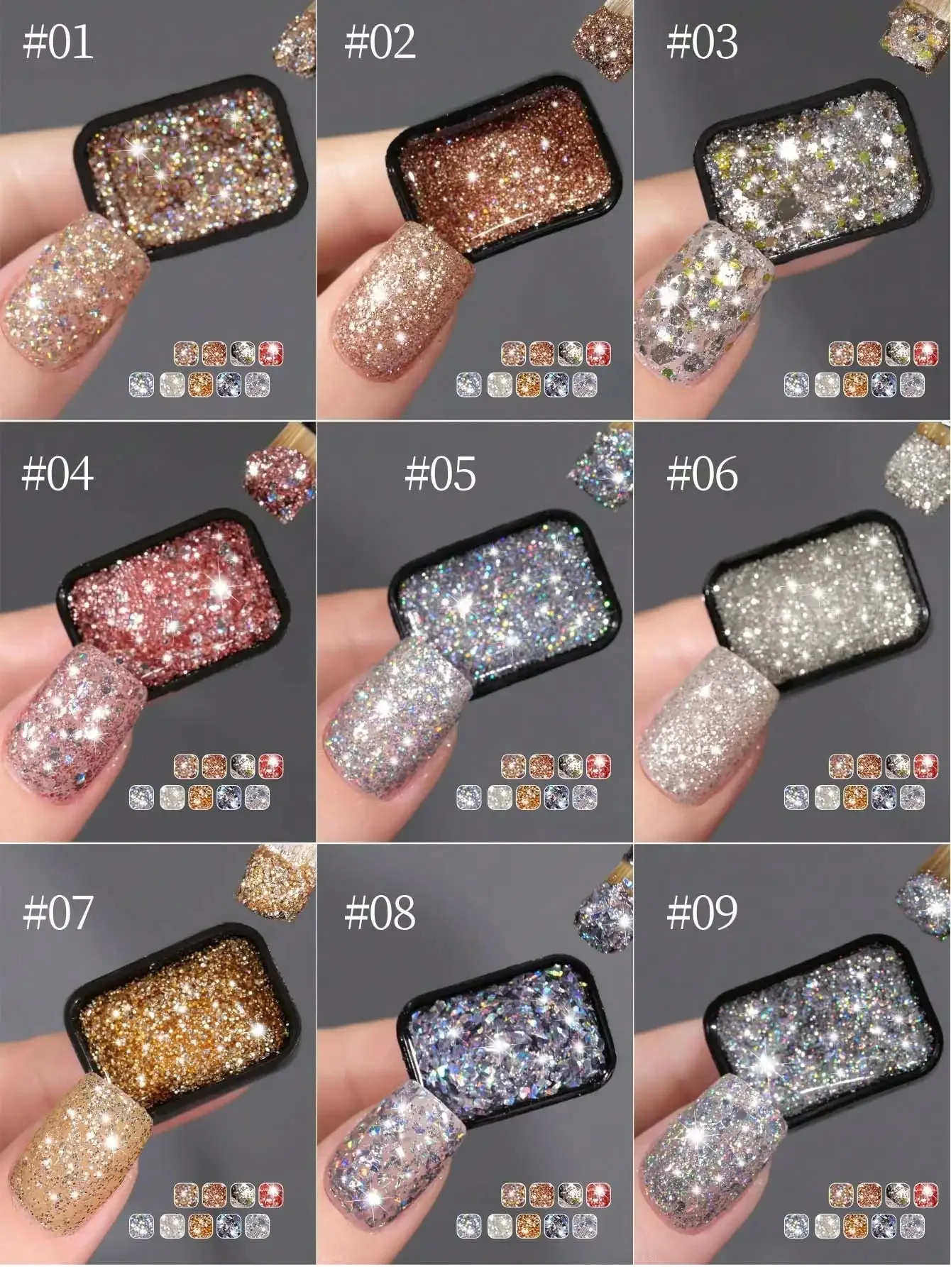 9가지 색상의 솔리드 글리터 네일 젤 팔레트, 반짝이는 - Glitter Powder Resin 리뷰 및 가격