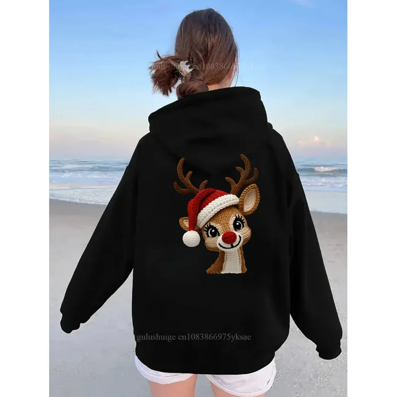 Vintage Hoodie Halloween Gifts Cute Reindeer Pattern Fall Clothes Autumn Winter Daily Wear Gift For Women
