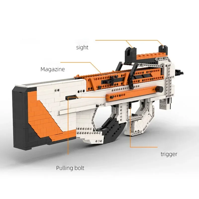 MOC CSGO Series P90 Assembled Model Building Blocks Asiimov Submachine Gun Can Shoot Gun Weapon Adult Boy Birthday Gifts