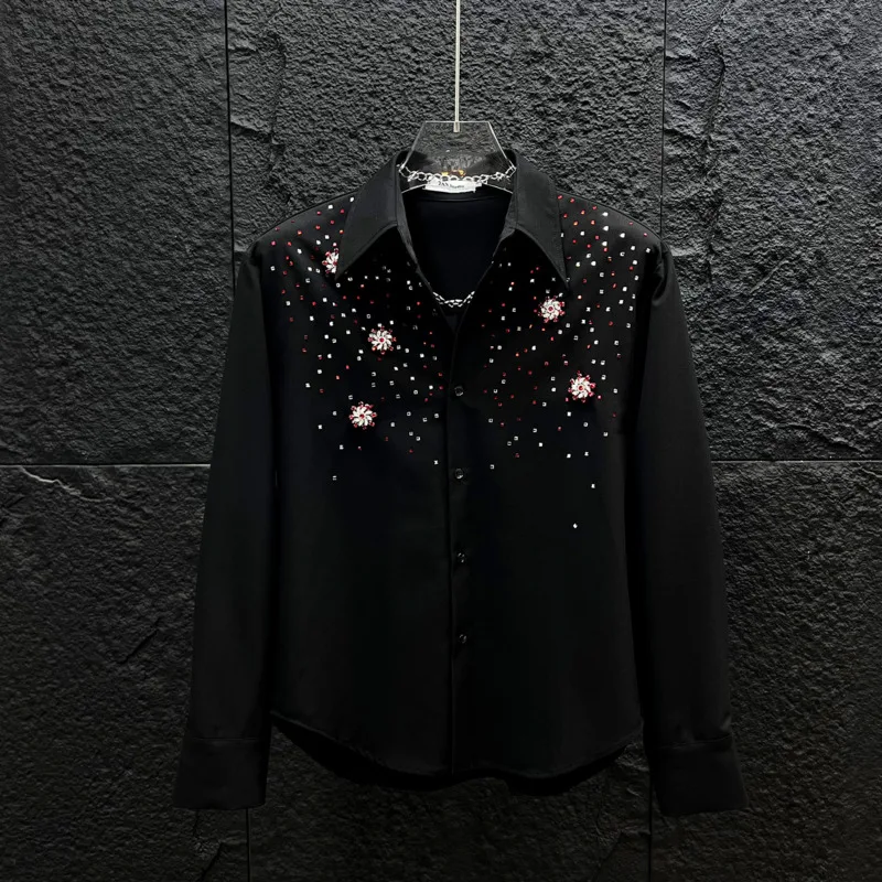 WVGA Summer New Men's Niche Luxury Dark Long Sleeved Shirt Diamond Design Stylish Korean Version High-end Casual Tops Ins W25330