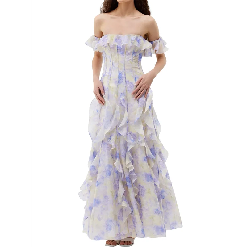 CGS-Womens Maxi Dresses Summer Off Shoulder Floral Dress Ruffle Beach Flowy Boho Wedding Guest Dress