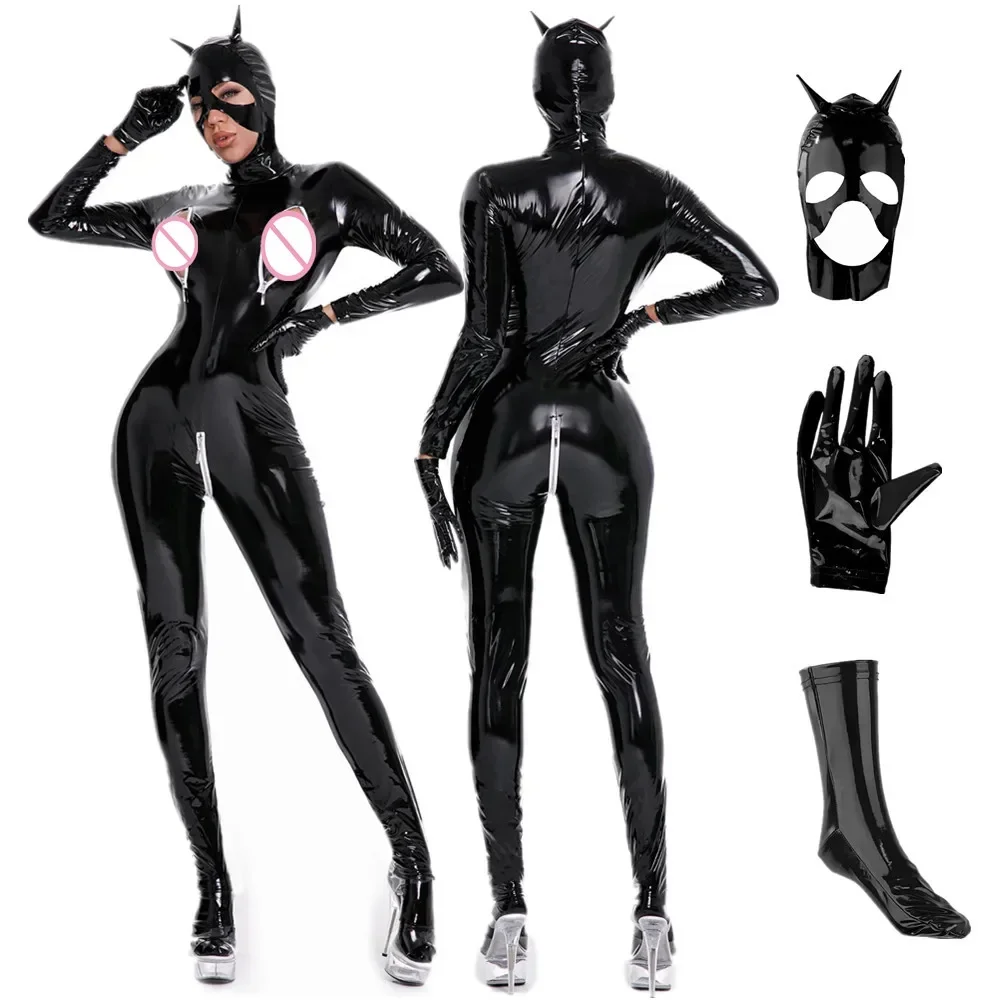 

Sexy Women Faux Leather Jumpsuits Erotic Zipper Open Chest Crotchless Catsuit PU Stretch Bodystocking PVC Latex Jumpsuits